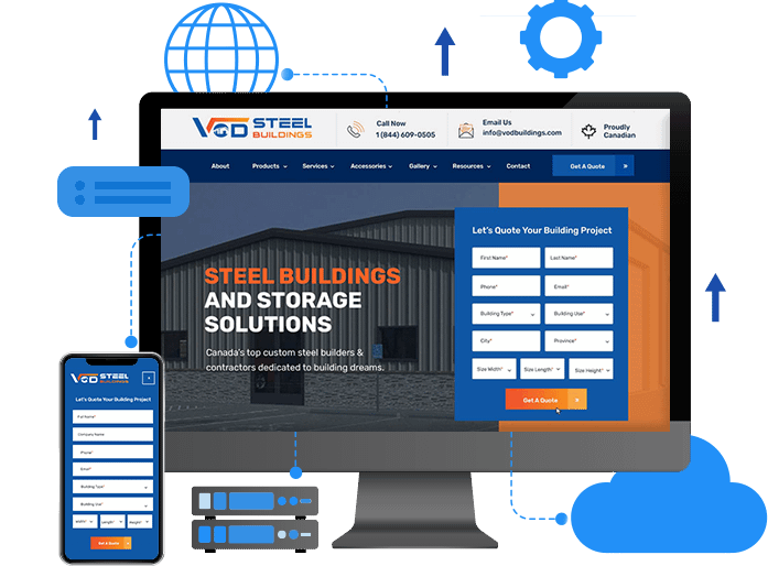Modern website layout featuring steel buildings and solutions, ideal for construction businesses